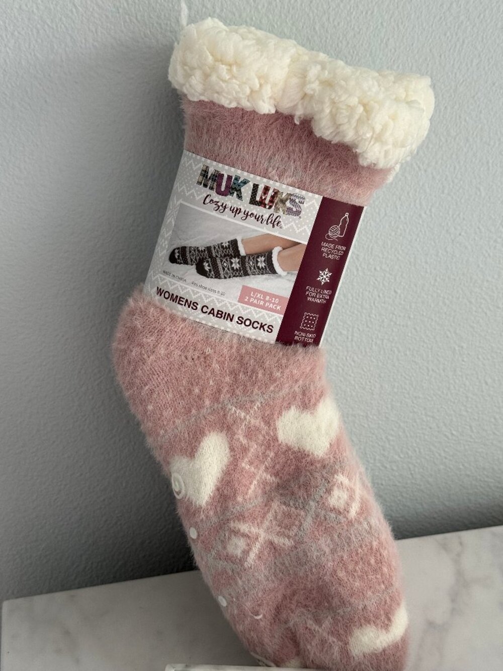 MUK LUKS Women's Chenille Cabin Socks Pink Fair Isle and Plaid - Picture 2 of 5